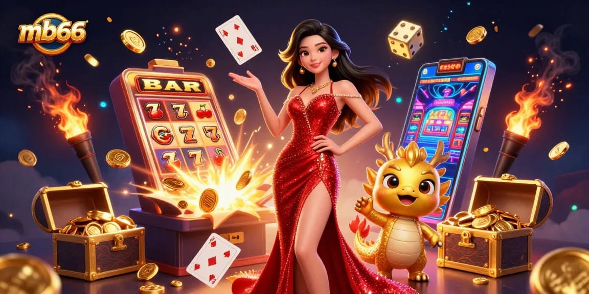 mb66 showcases a stunning Asian woman in a dazzling gown with a golden dragon mascot, celebrating casino wins.