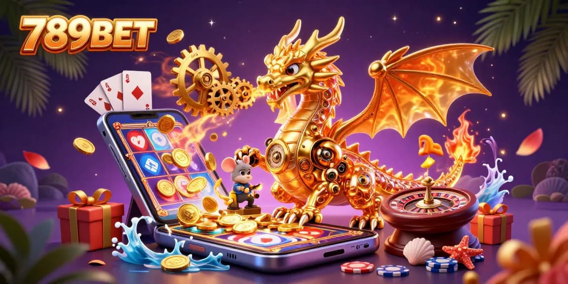 Engage with 789BET through an interactive casino scene featuring a golden dragon and vibrant gaming elements.