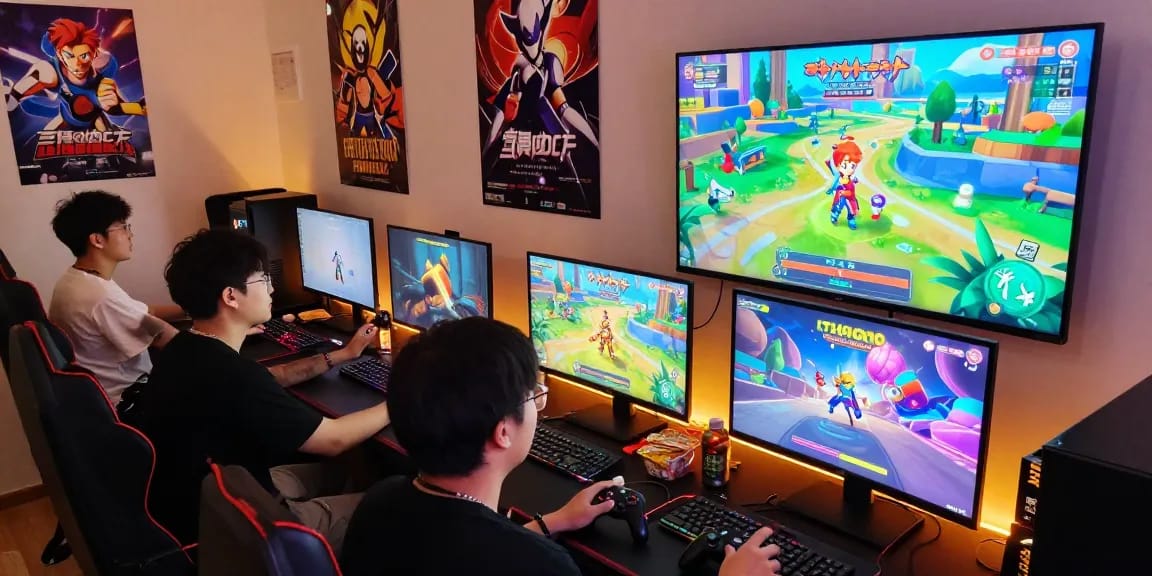 Friends immersed in hentaigames, gaming setup with vibrant visuals and snacks.