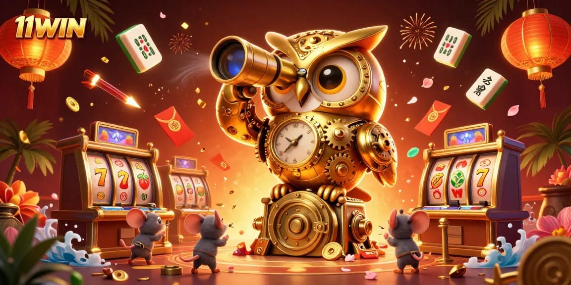 Experience the dynamic world of gambling with 11WIN's vibrant casino scene showcasing animated characters and exciting games.