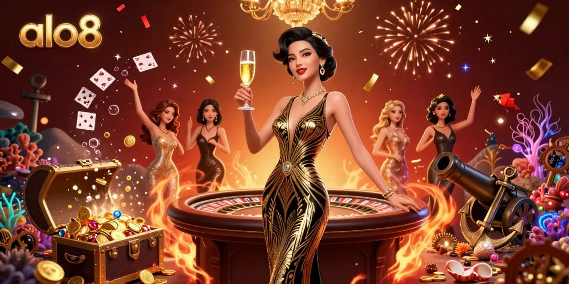 Win big with ALO8's vibrant casino scene, featuring an elegant woman amidst a dazzling array of casino elements.
