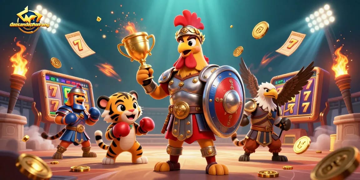 Engage in thrilling slots at dacsandatphanrang with immersive 3D casino illustrations featuring games and trophies.