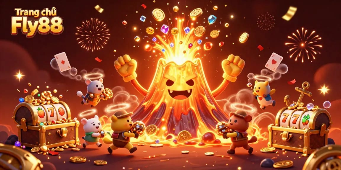Experience the thrill of victory at Trang chủ Fly88, with treasures and rewards cascading from a golden volcano!