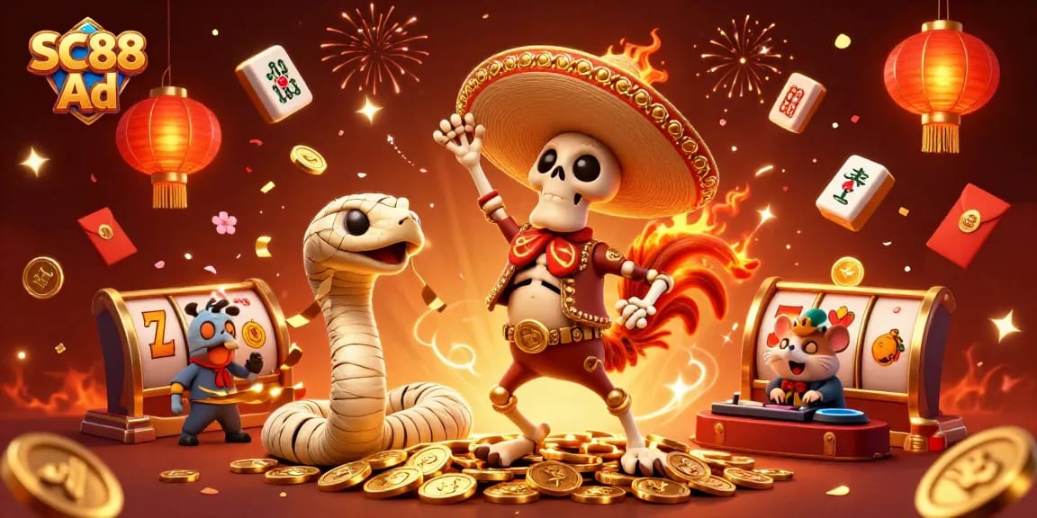 Engage with SC88 Ad as a mariachi rooster celebrates on golden coins with vibrant casino elements.