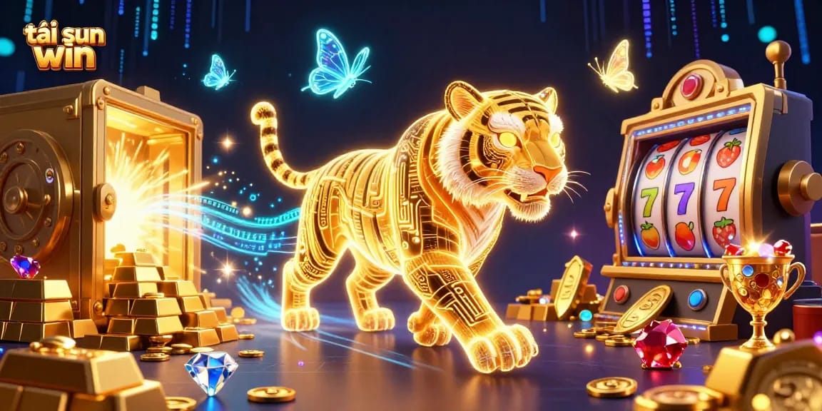 Play exciting casino games and tải sun win while experiencing a vibrant neon landscape filled with gold and jewels.