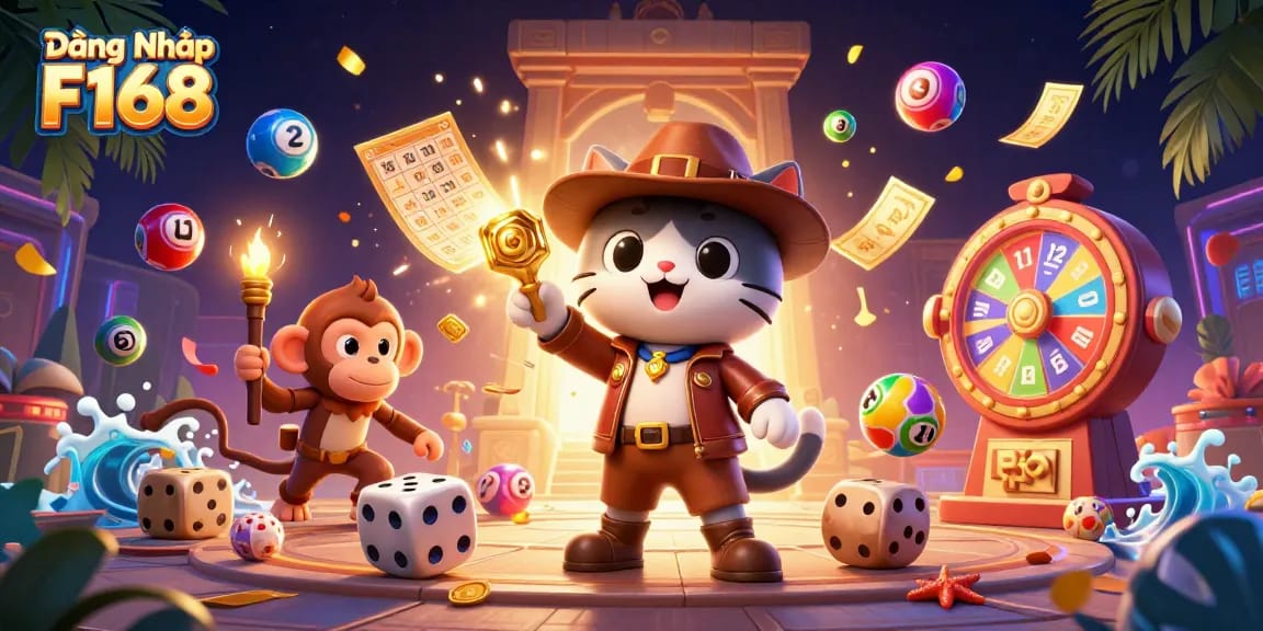Experience the thrill of Đăng Nhập F168 as the adventurous cat explores for golden casino treasures amidst colorful lottery balls.