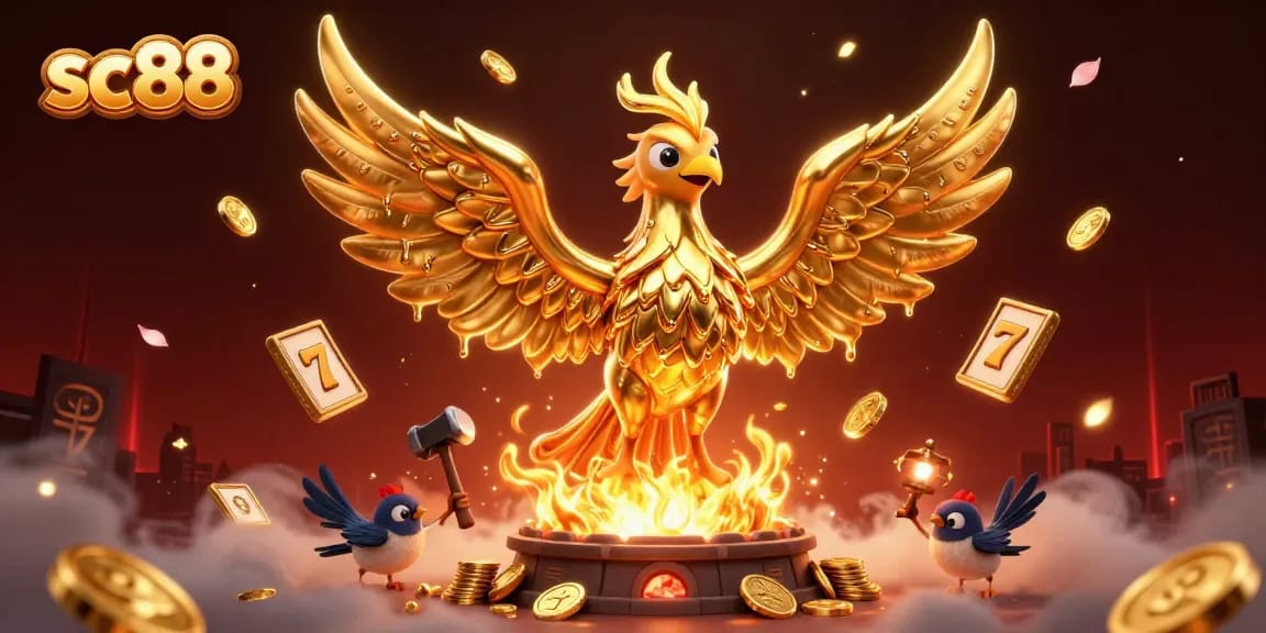 Experience the excitement of sc88 with a vibrant casino scene featuring a golden phoenix amidst floating slot reels and gold coins.