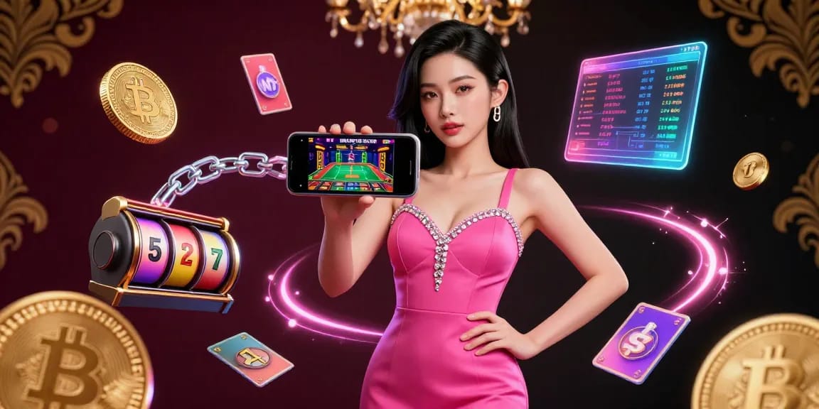 BINTANG5TOTO showcases an Asian woman confidently playing a live dealer game in a vibrant 3D casino scene.