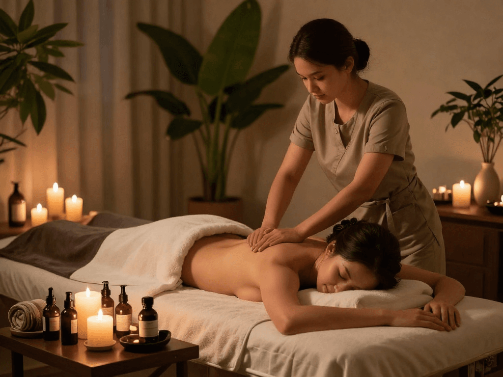 Relaxing 출장마사지 session at home with calming atmosphere and warm lighting.