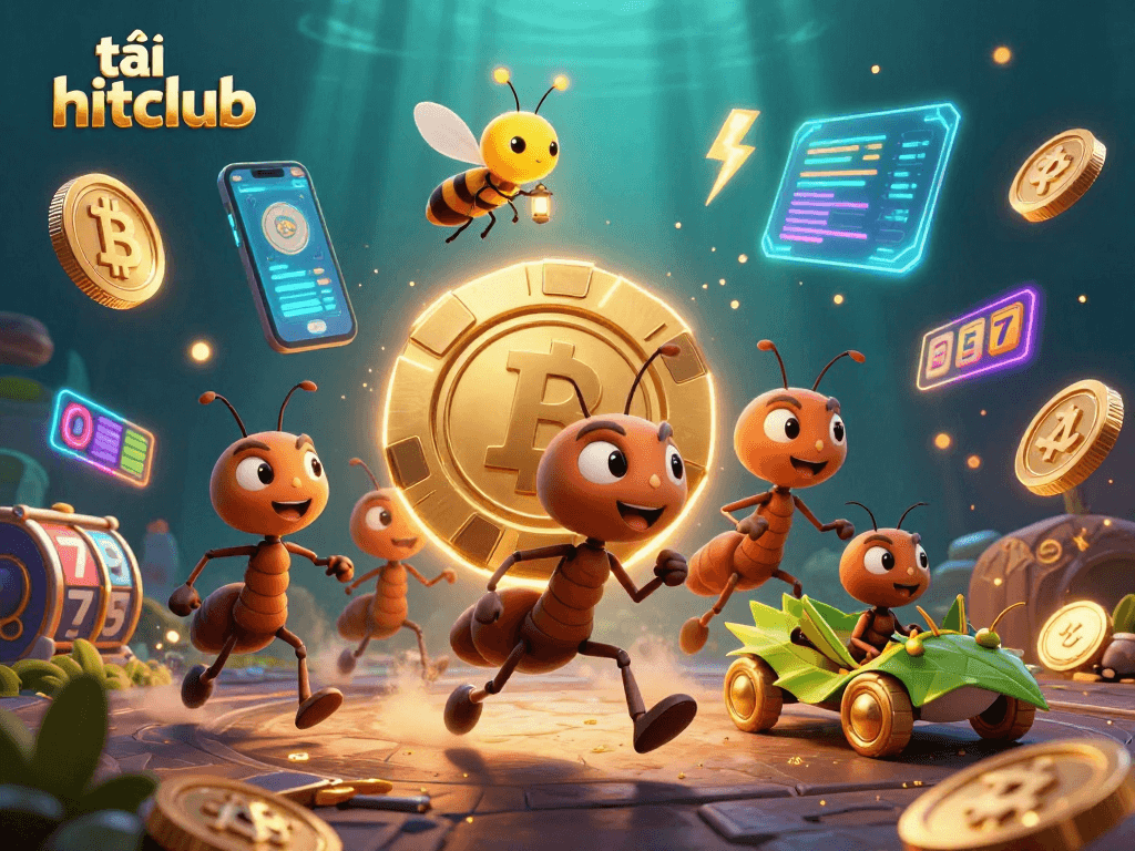 Engage with tải hitclub as 3D cartoon ants execute a heist through casino vibes full of glowing elements.