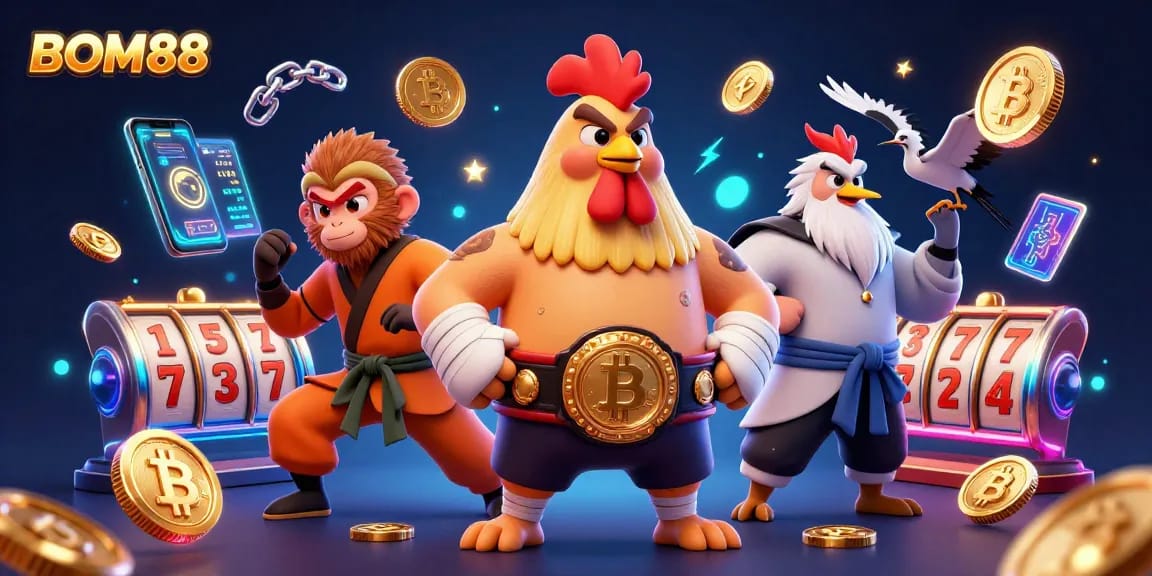 BOM88 offers thrilling gambling experiences with a lively cartoon rooster and monkey in a dynamic casino scene.