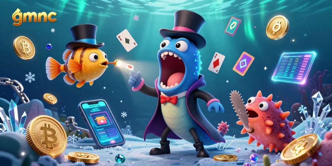 Experience the magic tricks of gmnc featuring a vibrant underwater scene with crypto elements.