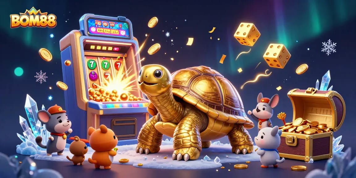BOM88 captures the thrill of casino gaming with a golden tortoise as a pinball machine and dynamic slot visuals.