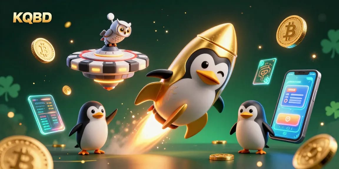 KQBD showcases a golden penguin racing towards a casino space station, symbolizing online betting excitement.
