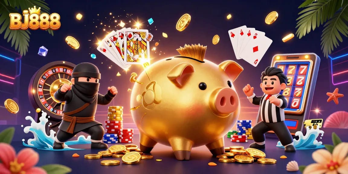 Engage in thrilling casino action as BJ888 showcases the excitement of gaming with a golden piggy bank sumo wrestler.