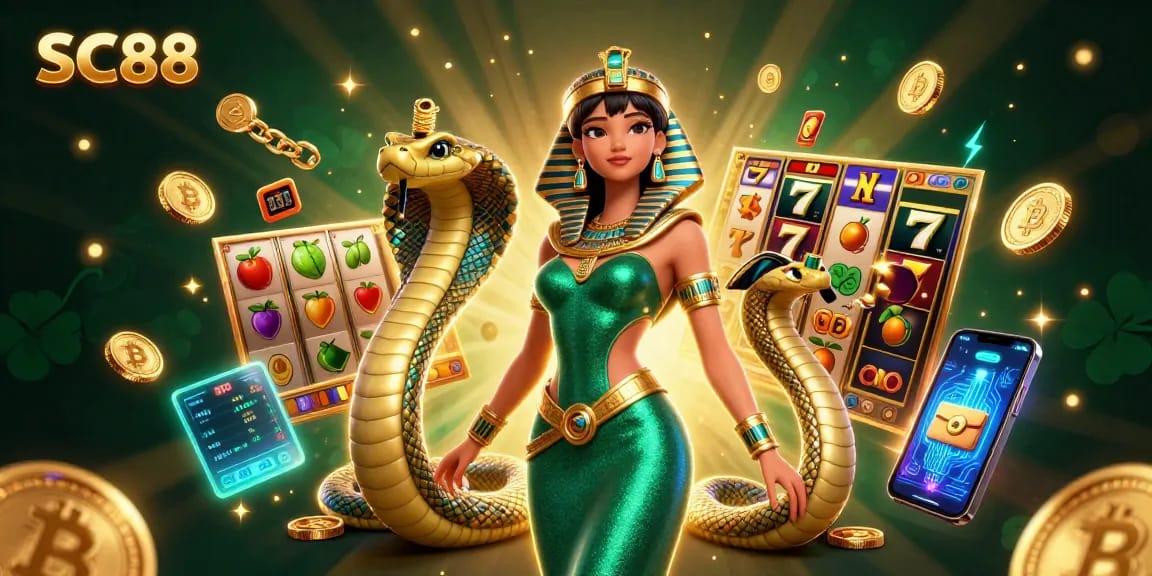 Experience thrilling gaming at SC88 with a stunning woman and a golden cobra amid vibrant casino elements.