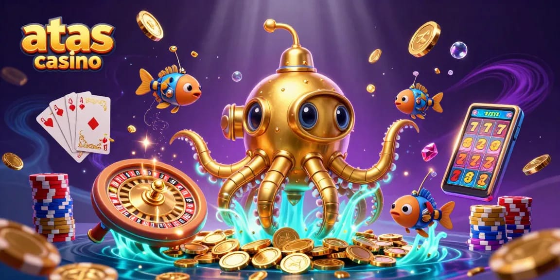 Engage with atas casino's vibrant world of games featuring a golden kraken submarine, roulette wheels, and flying poker chips.
