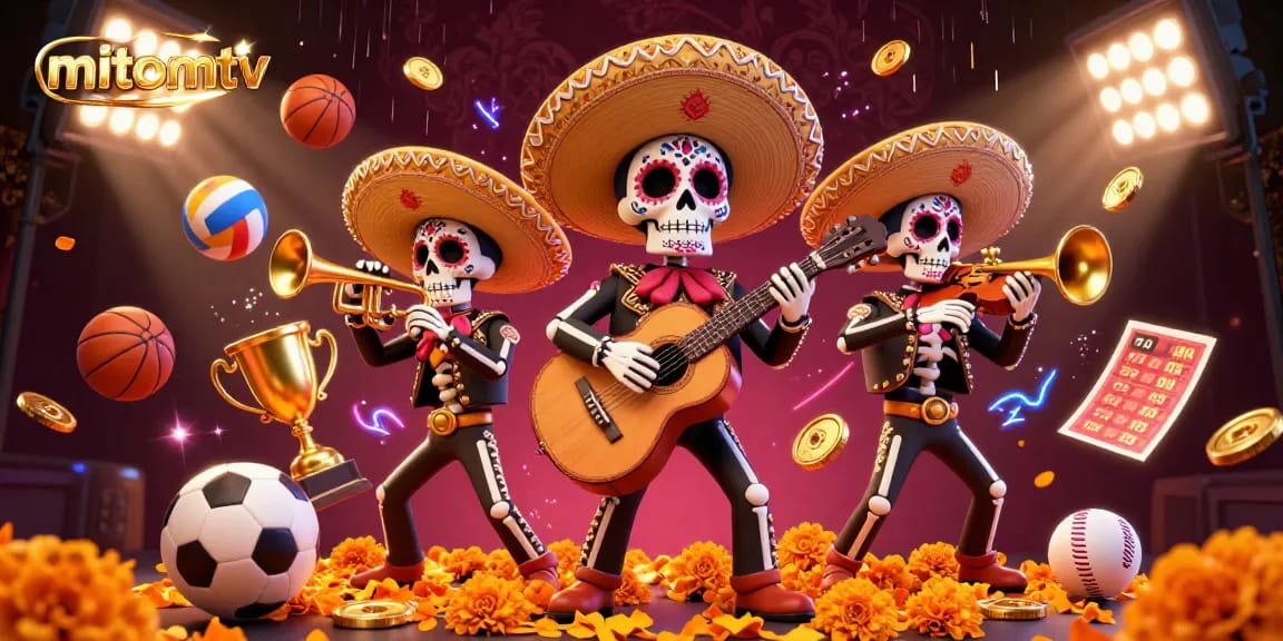 Experience the excitement of mitomtv with vibrant mariachi skeletons, sports balls, and a golden trophy.