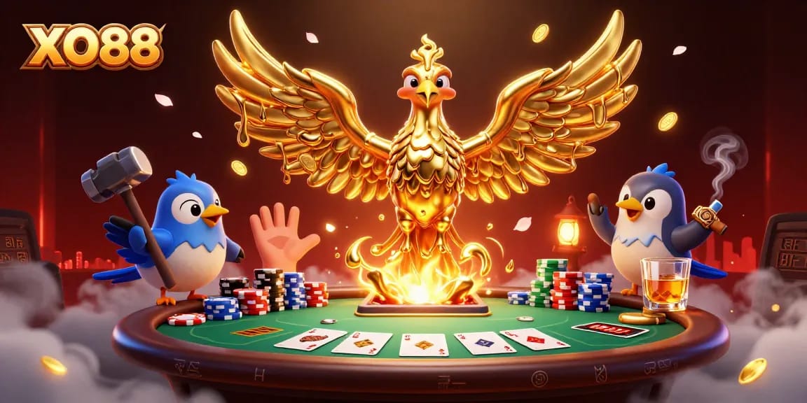Experience excitement at XO88 with a golden phoenix and poker elements in a vibrant scene.
