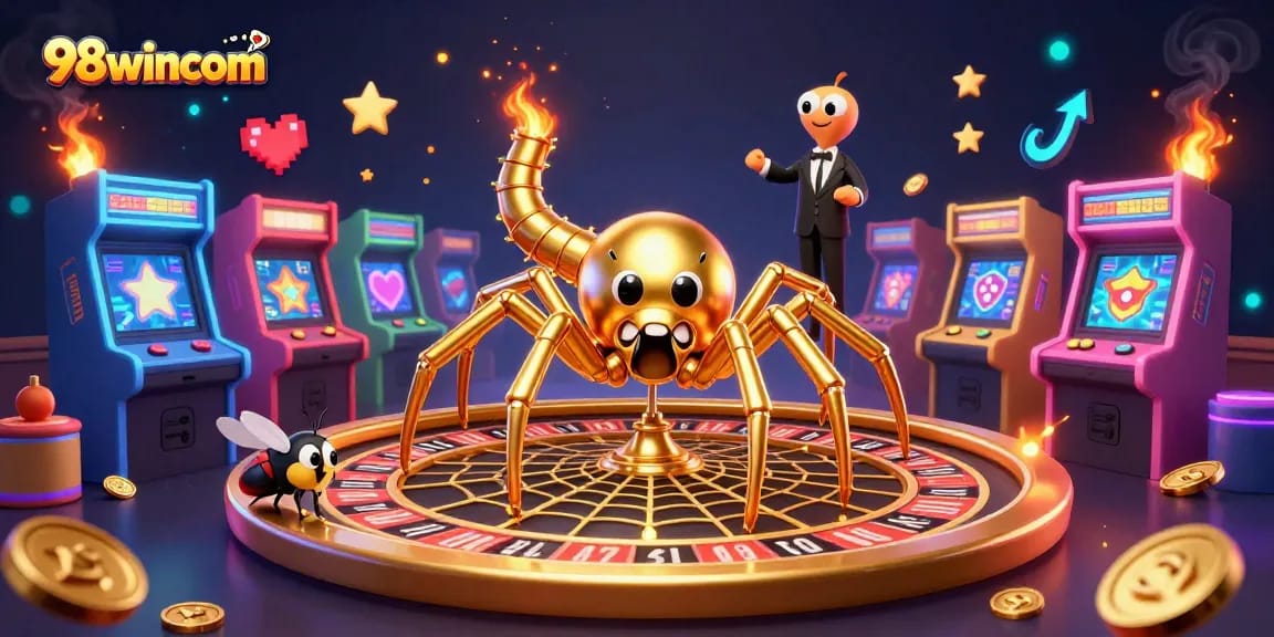 Bettors place wagers in a vibrant 98wincom-themed casino scene with a golden spider and lively croupier.