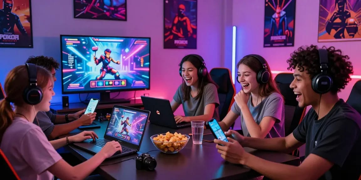Excited gamers enjoying porno games on multiple devices in a lively gaming environment.