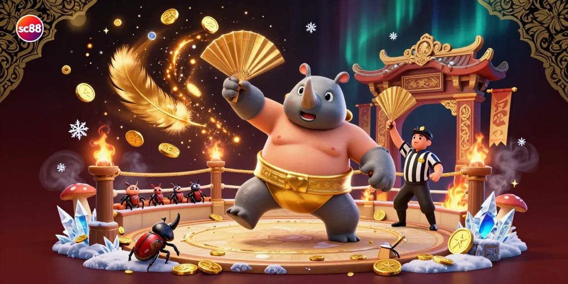 Engage with vibrant sc88 betting action featuring a sumo beetle champion on a golden arena.