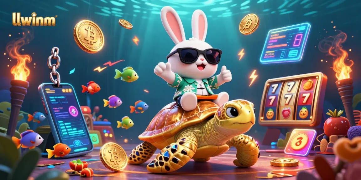 llwinm showcases a lively casino scene featuring a lucky rabbit, turtle, Bitcoin, and glowing slot elements.