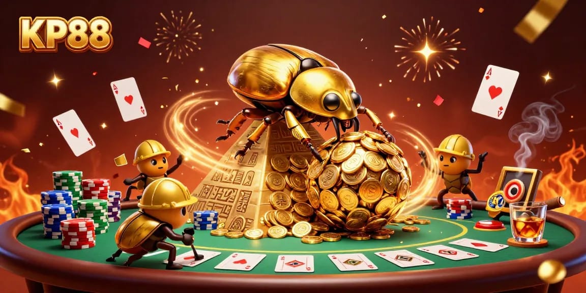 Roll in golden winnings at KP88 with beetles and vibrant poker elements.
