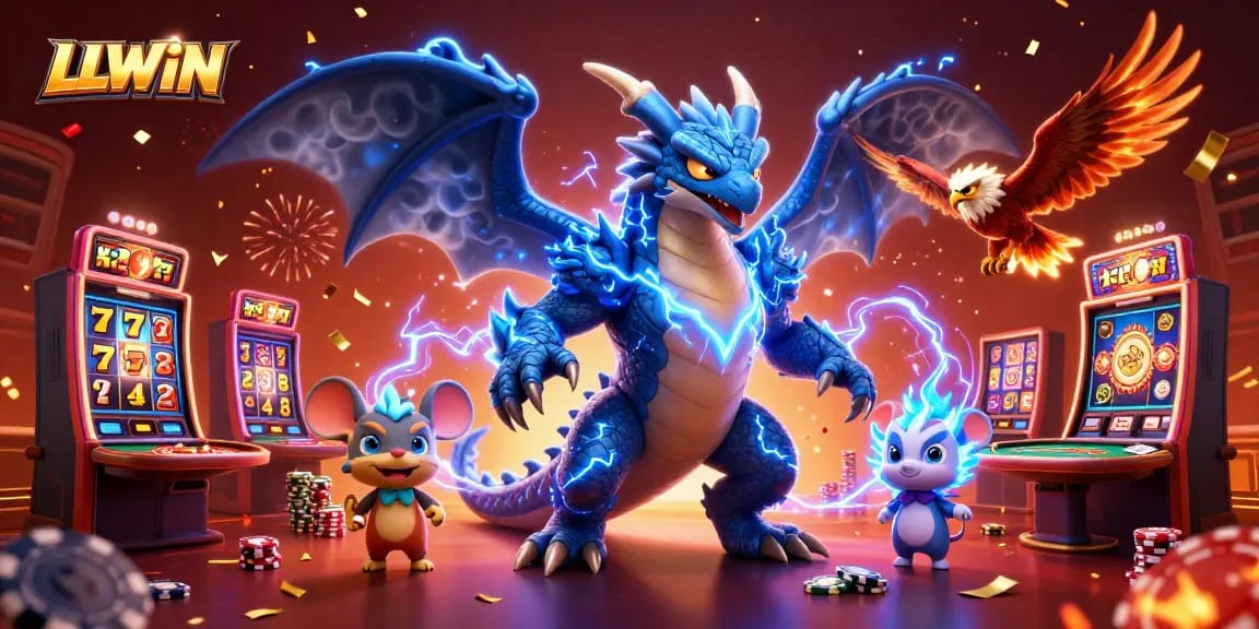 Experience thrilling wins with LLWIN as a dragon and hawk join in a vibrant casino scene.