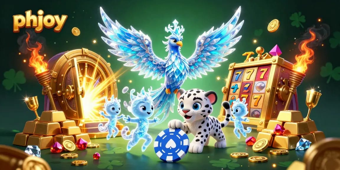 Experience excitement with phjoy in this vibrant 3D casino scene featuring a magical ice phoenix.