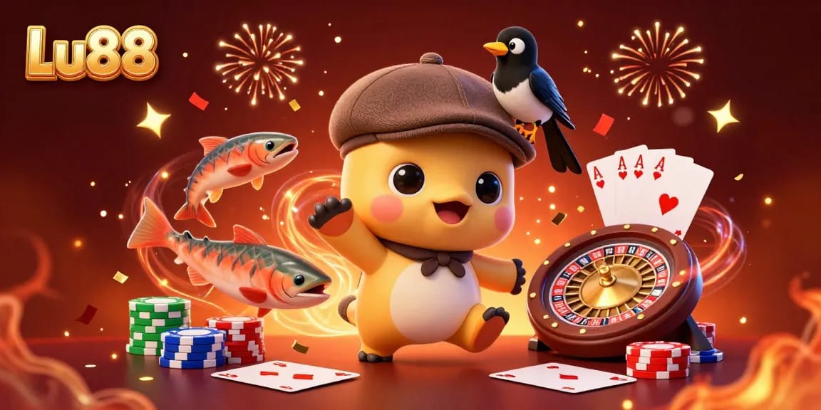 Engage with Lu88's vibrant 3D casino illustration featuring colorful chips and lively games.