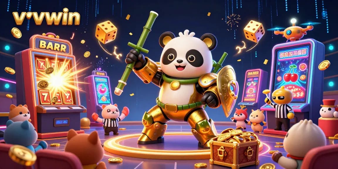 Experience the excitement of vvvwin's online casino with a vibrant 3D illustration of a panda in a fighting robot amidst a jackpot explosion.