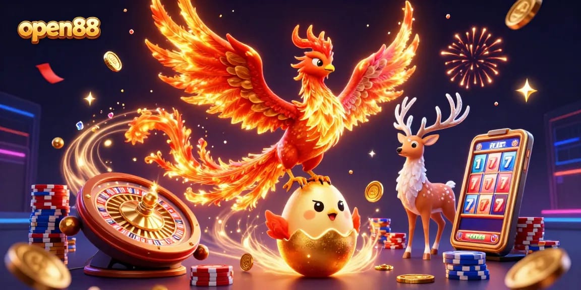Experience the thrilling world of open88 with a vibrant 3D scene featuring a phoenix, casino elements, and dynamic visuals.