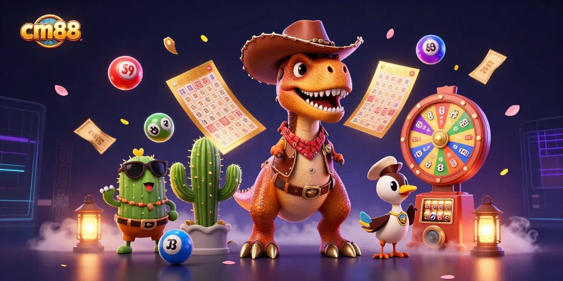 Engage with cm88 games featuring colorful lottery balls and dynamic casino elements in a vibrant illustration.