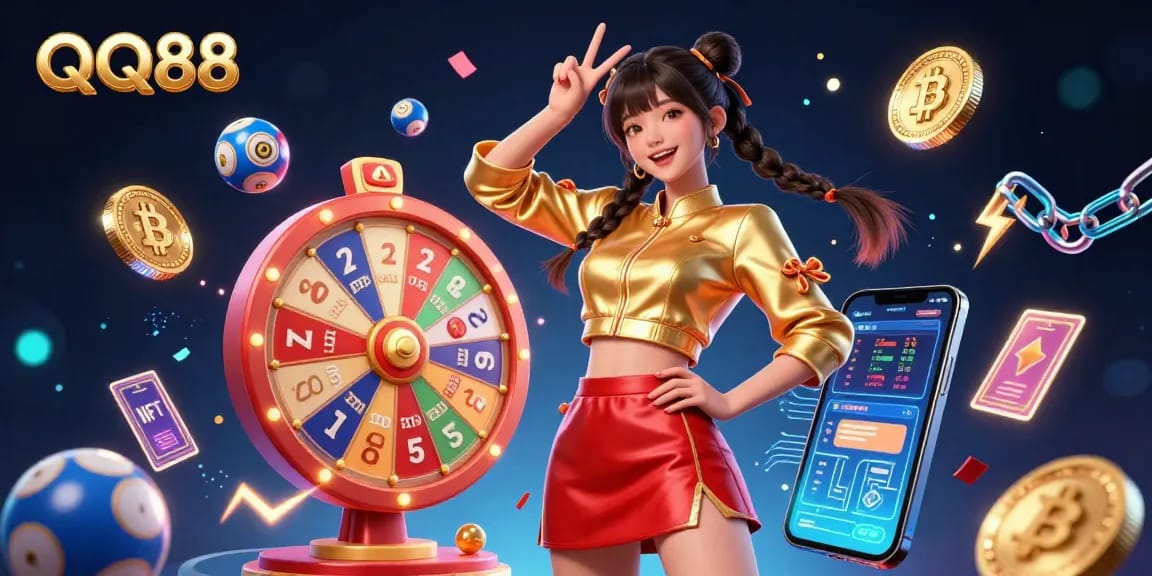 Experience the excitement at QQ88 with a stunning 3D digital illustration of a vibrant Asian woman in a lively casino environment.