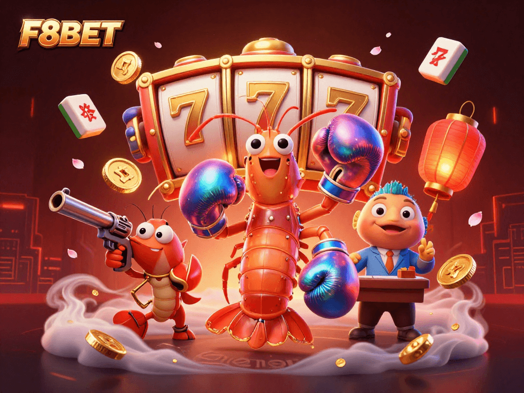 Engage in thrilling gameplay with F8BET's vibrant 3D scene featuring a mantis shrimp and friends amidst festive casino elements.