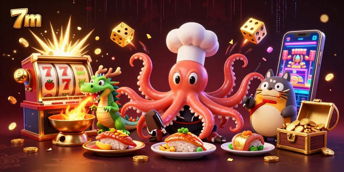 Spin to win in vibrant 7m casino scene featuring exciting characters and rich 3D elements.
