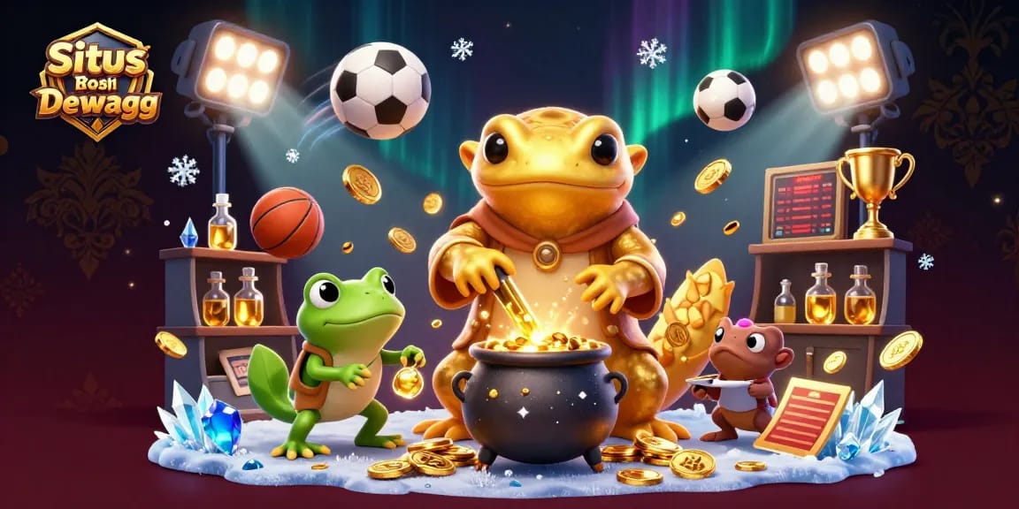 Engage with the Situs Bola Resmi Dewagg sports betting scene featuring golden alchemist and frogs in a vibrant 3D illustration.
