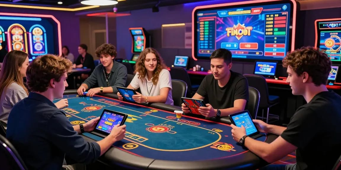 Exciting group playing at 123b nhà cái online casino, vibrant atmosphere, interactive gaming.