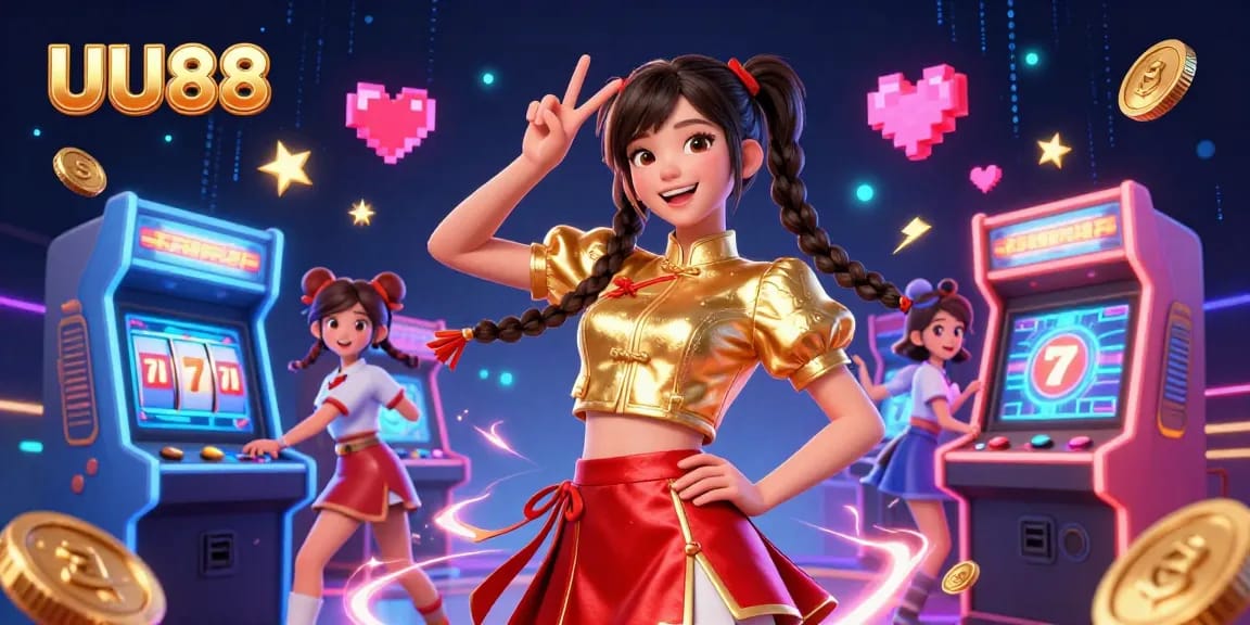 Experience excitement with UU88 as 3D lottery balls and casino games surround a smiling woman making a peace sign.