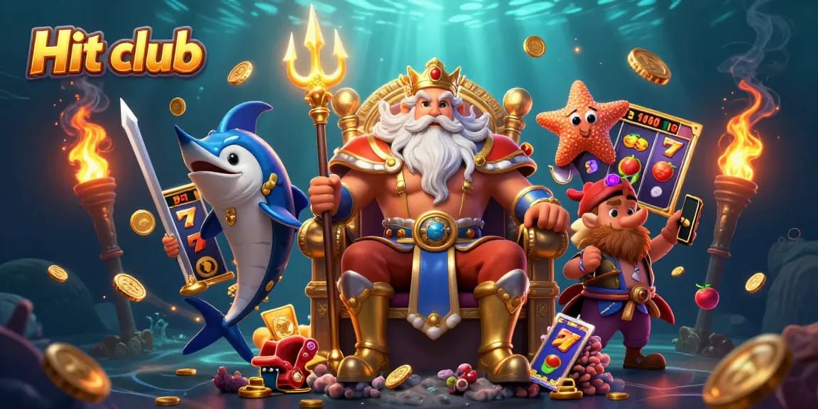 Experience thrilling jackpots and slot games at Hit club with dynamic 3D sea-themed illustration.