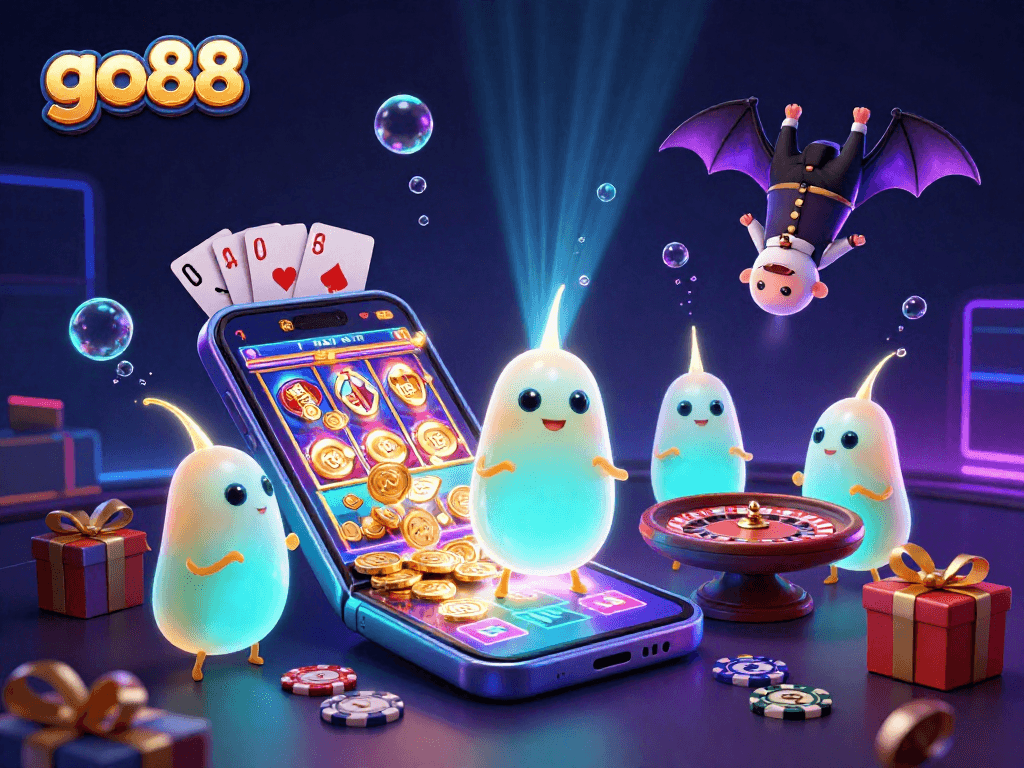 Experience the vibrant energy of go88 with a lively casino themed illustration featuring engaging game elements.