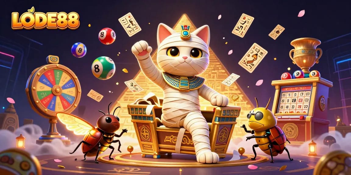 Experience the excitement of LODE88’s dynamic lottery scene with vibrant elements and characters.