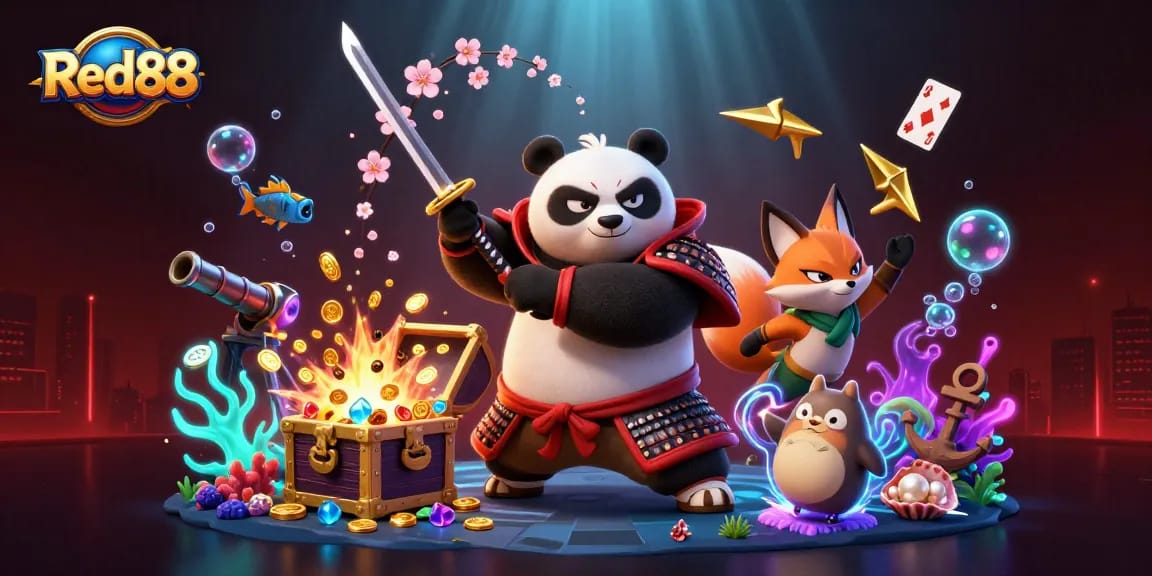 Experience thrilling gameplay at Red88 with samurai panda, ninja fox, and magical tanuki amidst vibrant casino elements.