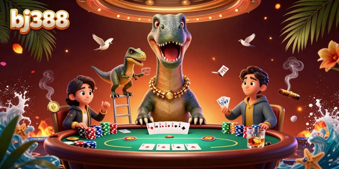 Engage in thrilling poker action at bj388 with a giant brontosaurus overseeing the game