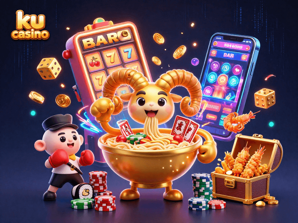 Experience the excitement of ku casino with vibrant characters and dynamic casino elements in a colorful scene.