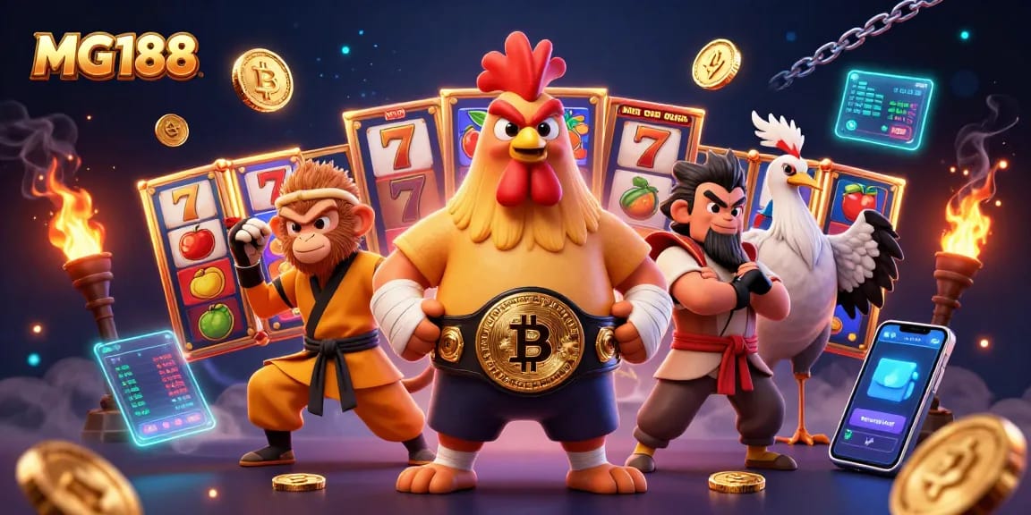 Experience thrilling action at MG188 with vibrant slot machines and digital currency symbols.