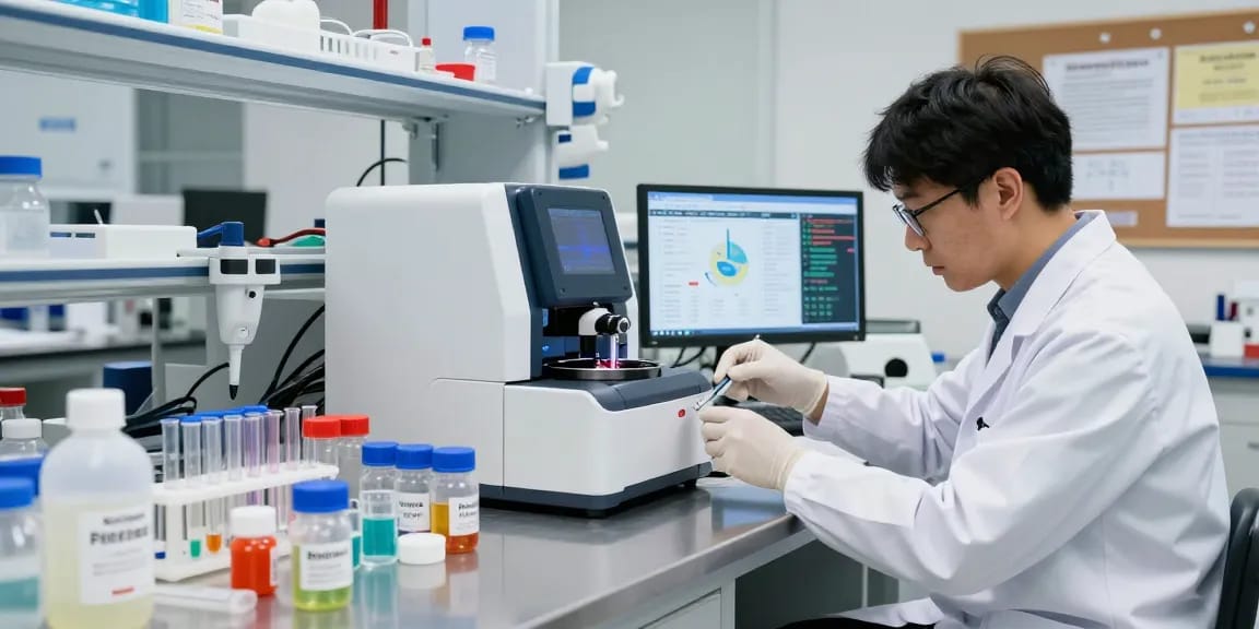 Researcher analyzing SwissChems Peptide samples in a modern lab.