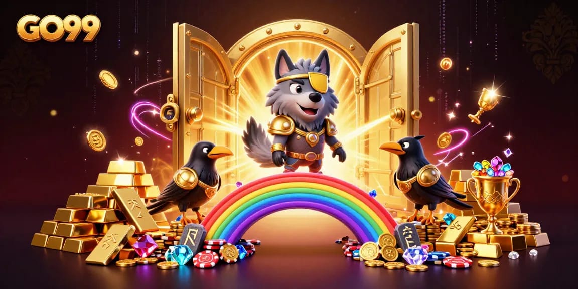 Spin the reels of GO99 with a vibrant 3D casino scene featuring Odin and casino treasures.