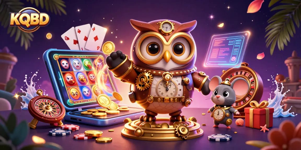 KQBD offers thrilling gaming scenes with steampunk owl and exciting casino action.